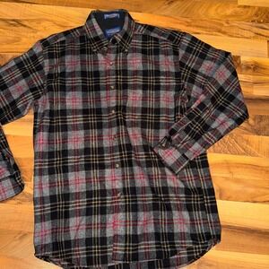 Pendleton Fireside Shirt Mens Plaid Wool Button Up Flannel Gray‎ Red Black camp